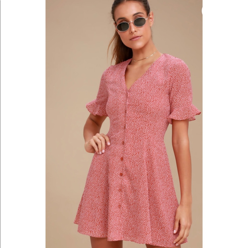 Lulus Castana Rust Red Print Button-Up Dress
